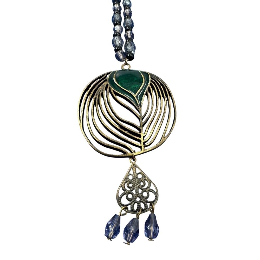 Vtg Brass Peacock Feather Design Pendant Charm Lucite Beaded Necklace